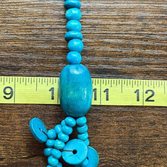 VTG Circle Disc & Round Coconut Wood Dyed Blue Triple Strand Necklace 30" Length - Picture 7 of 10